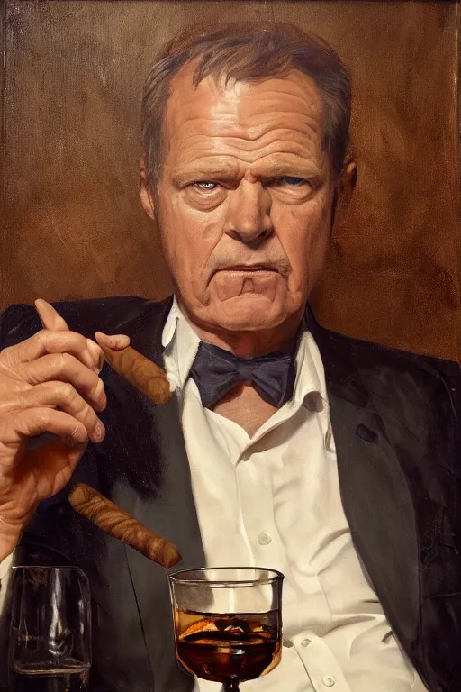 Prompt: still from tv show, retired barney, sitting in a lounge, sipping whiskey and smoking a cigar, oil on canvas, intricate, portrait, 8 k highly professionally detailed, hdr, cgsociety