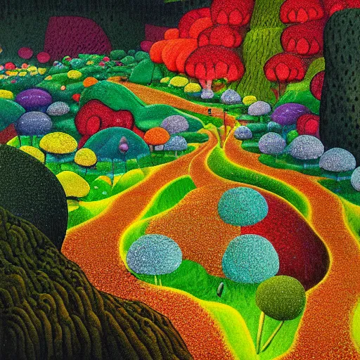 Prompt: painting of a colorful fungus garden in a cave, birds eye view, Hiroo Isono, dark, foggy, cavern, shy beetles, river running through it