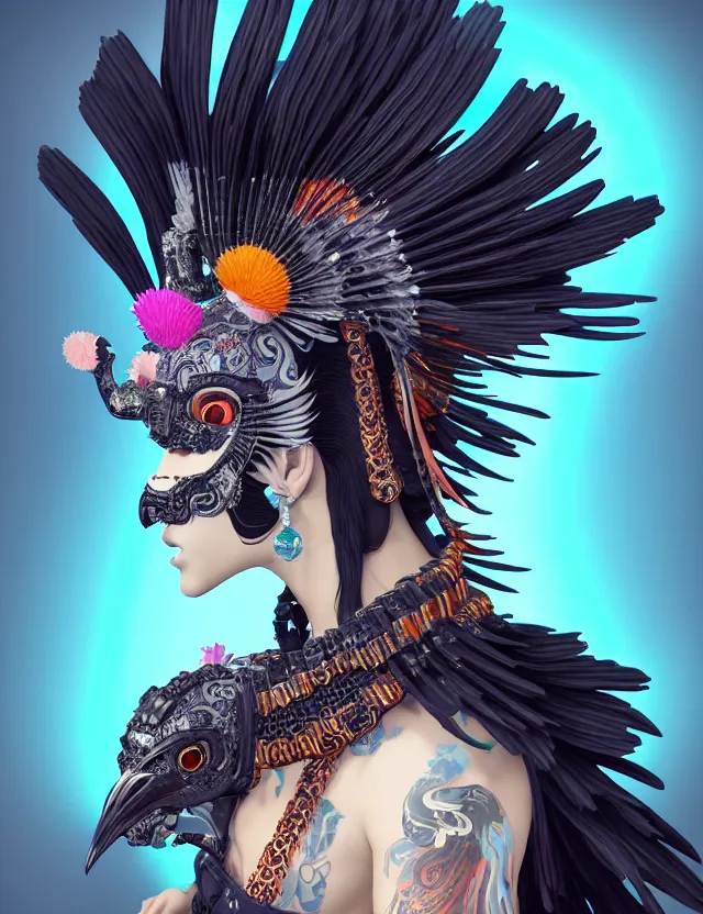 Image similar to 3 d goddess close - up profile portrait punk with mohawk with ram skull. beautiful intricately detailed japanese crow kitsune mask and clasical japanese kimono. betta fish, jellyfish phoenix, bio luminescent, plasma, ice, water, wind, creature, artwork by tooth wu and wlop and beeple and greg rutkowski