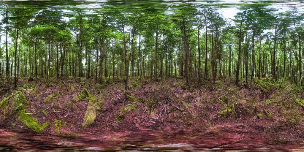 Image similar to a high quality professional 360 photograph of a forest full of monsters