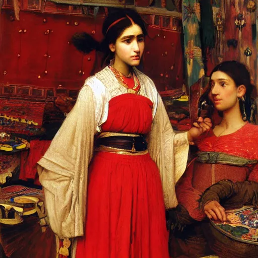 Prompt: orientalist portrait of a moorish woman wearing a red dress selling tapestries in a busy marketplace intricate artwork by Fabio Fabbi and john william waterhouse and Edwin Longsden Long and Nasreddine Dinet and Theodore Ralli trending on artstation, very coherent symmetrical artwork high detail 8k