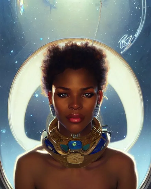 Image similar to Portrait of very very very very very very beautiful nigerian woman, spacesuit, blue eyes, real life skin, intricate, elegant, highly detailed, artstation, concept art, smooth, sharp focus, art by artgerm and greg rutkowski and alphonse mucha