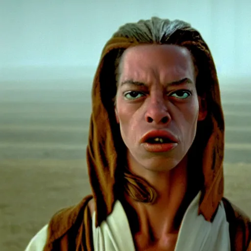 Image similar to film still of jar jar binks as a female cowgirl, long eyeslashes, big juicy lips, big seductive eyes