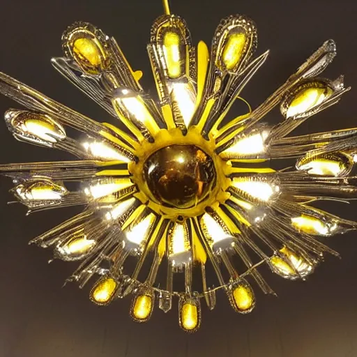 Image similar to chandelier in the shape of a sun with yellow accents designed by salvador dali