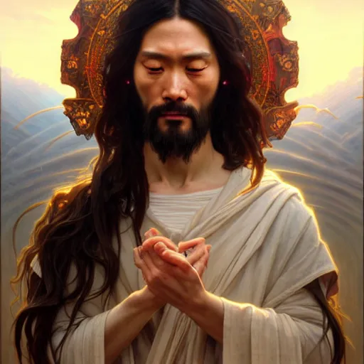 Prompt: portrait painting of a jesus wang, ultra realistic, concept art, intricate details, highly detailed, photorealistic, octane render, 8 k, unreal engine. art by artgerm and greg rutkowski and magali villeneuve and alphonse mucha