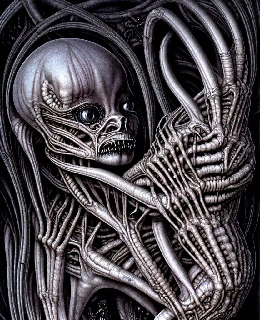 Image similar to newborn from alien, by hr giger, hd, hyper detailed, 4 k, depth perception, depth of field, neo - gothic, gothic. art by evelyn de morgan!!!, masterpiece
