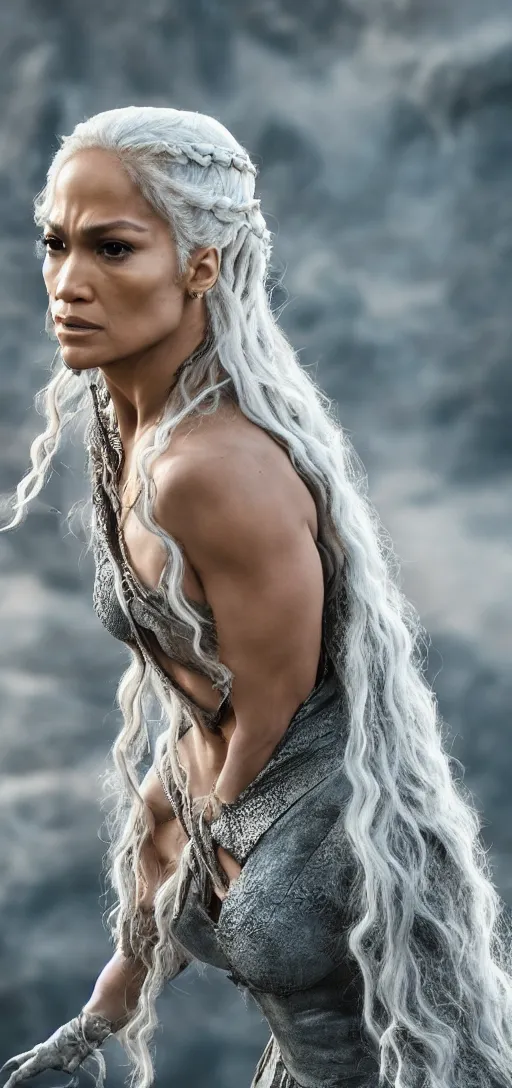 Prompt: Jennifer Lopez as Daenerys Targaryen mother of dragons, drogon, XF IQ4, 150MP, 50mm, F1.4, ISO 200, 1/160s, natural light