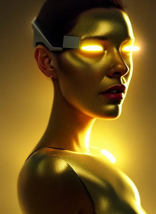 Image similar to Kodak Portra 400, 8K, soft light, volumetric lighting, highly detailed, britt marling style 3/4 ,portrait photo of a beautiful cyborg woman with gold , cyberpunk,sci-fi, fantasy, intricate, elegant, highly detailed, digital painting, artstation, concept art, smooth, sharp focus, illustration, art by artgerm and greg rutkowski and alphonse mucha