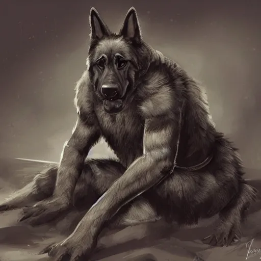 Image similar to a humanoid german shepherd beast - man in military style, sitting on the carpeted floor beside a bed, highly detailed portrait, digital painting, artstation, concept art, smooth, sharp foccus ilustration, artstation