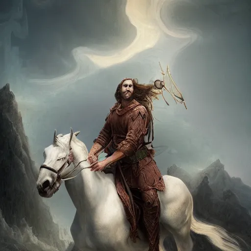 Prompt: a masterpiece!! matte painting of a handsome!! man riding on a majestic!! white horse with eyes like flames!!!, many crowns!! upon his head, a robe dipped in blood!, by gustav dore and paul barson, 8 k, uhd, trending on artstation, octanerender!!, crepuscular!!