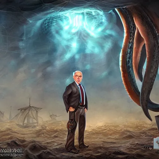 Prompt: benjamin netanyahu standing before the kraken ready to fight, highly detailed, by artgerm