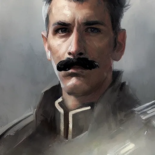 Prompt: portrait of a man by greg rutkowski, british features, short black hair in military style, moustache, tall, star wars expanded, universe, he is about 5 0 years old, wearing imperial captain uniform, artstation hq