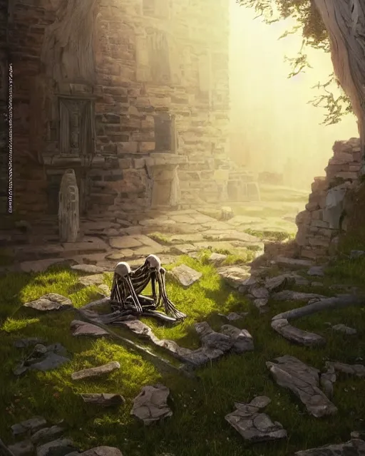 Image similar to a skeleton sitting chained up a corner, corner, long shot, stone bricks, moss, sunbeams, ancient. Atmospheric lighting, By Makoto Shinkai, Stanley Artgerm Lau, WLOP, Rossdraws, James Jean, Andrei Riabovitchev, Marc Simonetti, krenz cushart, Sakimichan, D&D trending on ArtStation, digital art.