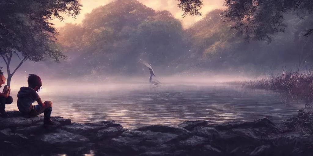 Image similar to a silver dragon and a boy sitting next to lake in forest, many fireflys, at night, concept art, dof, cryengine, digital art, detailed background, makoto shinkai