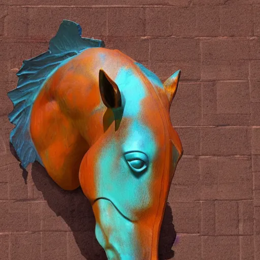 Prompt: horse head statue , background from blue to red