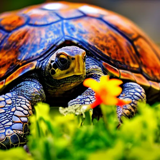 Prompt: a picture of a turtle in love with a flower, vivid colours, depth of field, 50mm