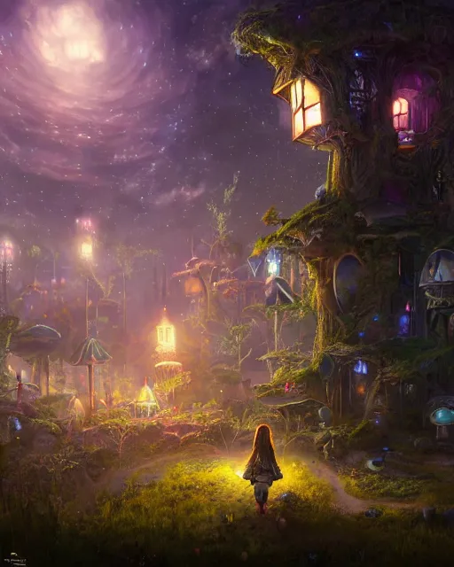 Prompt: girl in solarpunk fantasy village, evening, 4 k, ultra realistic, detailed, epic lighting, starry sky, magical, glowing forest, mushrooms, machines, futuristic building, high detail, masterpiece, trending on artstation by frederic daoust and akihito tsukushi and takeshi nogami