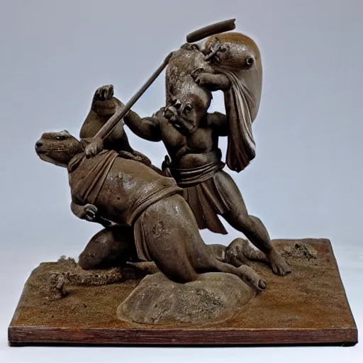 Image similar to greek warriors fighting against capybara, ancient greek statue, epic, detailled