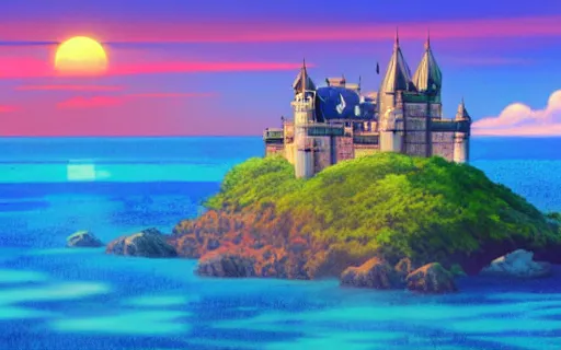 Image similar to an island with a giant castle on top of a giant turtle in the ocean, sunset, art by hayao miyazaki, studio ghibli film, hi res, 4k, high detail