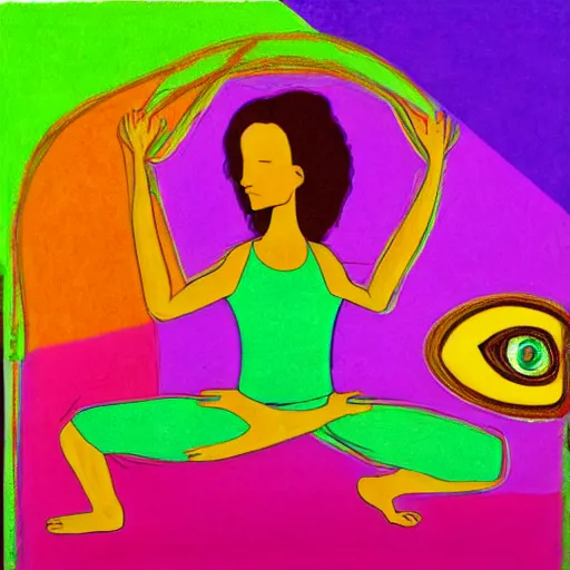 Prompt: a psychedelic illustration of my lehrman doing yoga, medium long brown orange hair, green eyes, round face, thin eyebrows, modern art, purple, pink, green, yellow, orange, dramatic, intricate, detailed, art by famous artist