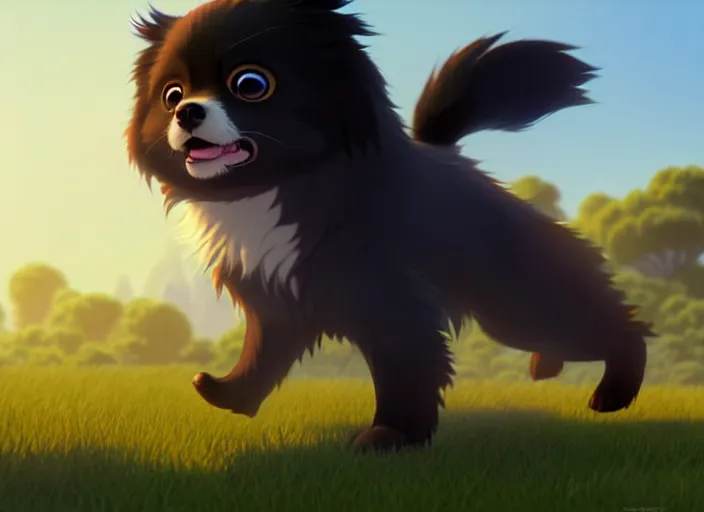 Image similar to a wholesome animation key shot of a black tibetan spaniel, jumping, studio ghibli, pixar and disney animation, sharp, rendered in unreal engine 5, anime key art by greg rutkowski, bloom, dramatic lighting