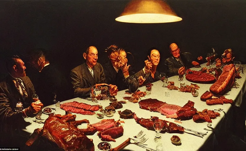 Prompt: a formal dinner party involving a great deal of meat on a table in a dark kitchen lit by a single bulb, painted by rick berry and norman rockwell and zdzislaw beksinski, highly detailed, muted colours