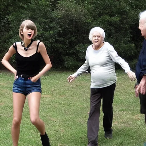 Image similar to taylor swift tripping old people in the park