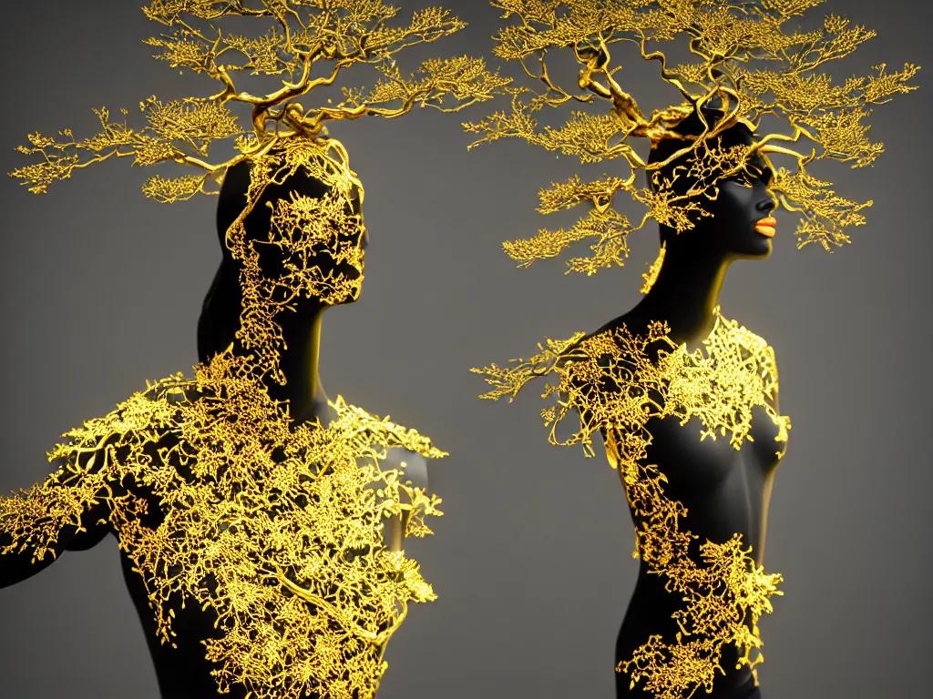 Prompt: beautiful mannequin sculpted out of black glass by billelis + lit with geometric neon dripping gold + wearing a crown of bonsai trees made of gold, doorway opening with neon pink geometric fractal light + flowering bonsai trees, transcendent, clean linework, dramatic, finely detailed, 4 k, trending on artstation, award winning, photorealistic, volumetric lighting, octane render