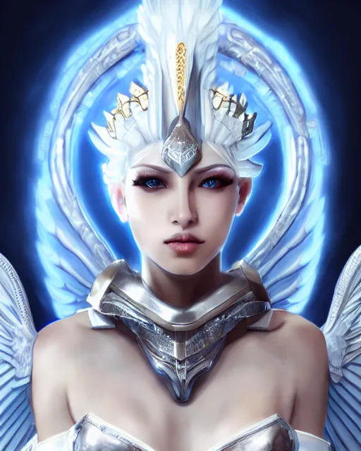 Image similar to perfect ornate white haired attractive egyptian goddess with huge white dove wings, warframe armor, beautiful, symmetric, dreamy, half asian, pretty face, blue eyes, detailed, scifi platform, laboratory, experiment, 4 k, ultra realistic, epic lighting, android body, illuminated, cinematic, masterpiece, art by akihito tsukushi, voidstar