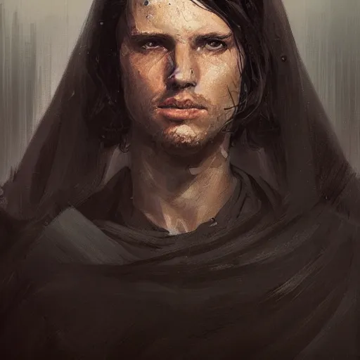 Image similar to portrait of a man by greg rutkowski, british features, messy black long hair, black robes, star wars expanded universe, he is about 2 0 years old, wearing jedi robes, highly detailed portrait, digital painting, artstation, concept art, smooth, sharp foccus ilustration, artstation hq