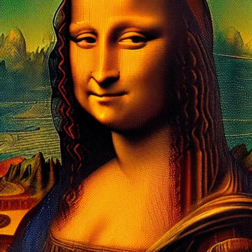 Prompt: highly realistic photo of mona lisa in the style of cyberpunk