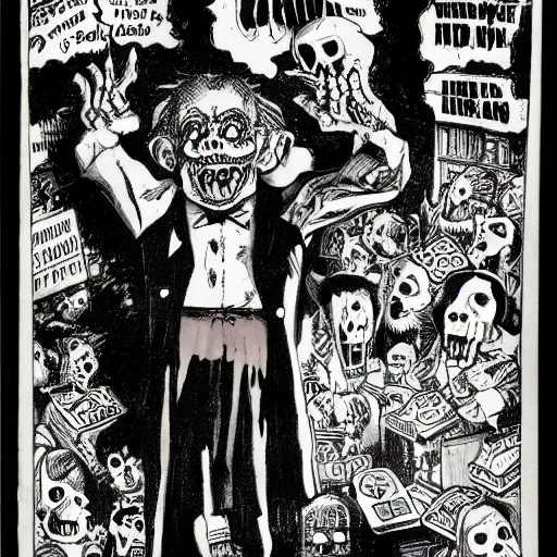 Prompt: a scary horror themed goofy-hilarious-character r-Crumb, dime-store-comic drawn with charcoal and pen and ink, half-tone-line-stacking