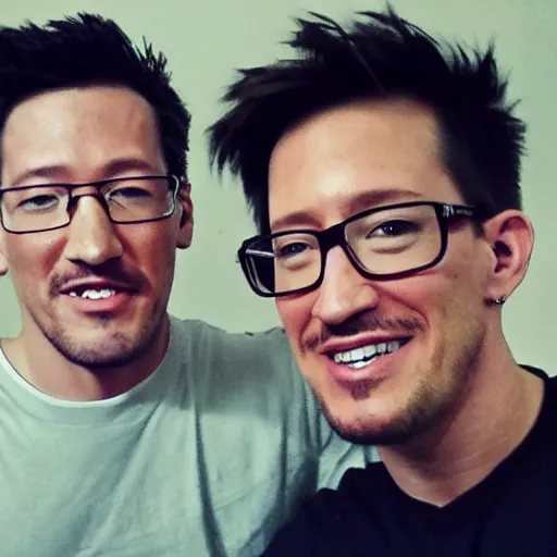 Image similar to Markiplier taking a selfie with Eminem, photorealistic, shot on iphone, realistic lighting, ultra high detail,