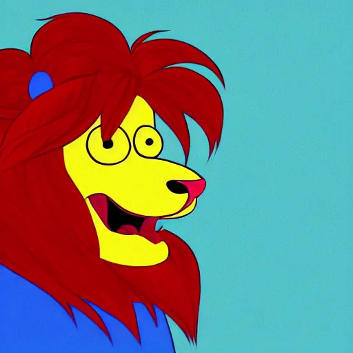 Prompt: a pretty lion with very long and special bright red hair with a simple rounded line in a meadow, style simpsons, sharp focus, illustration, ArtStation