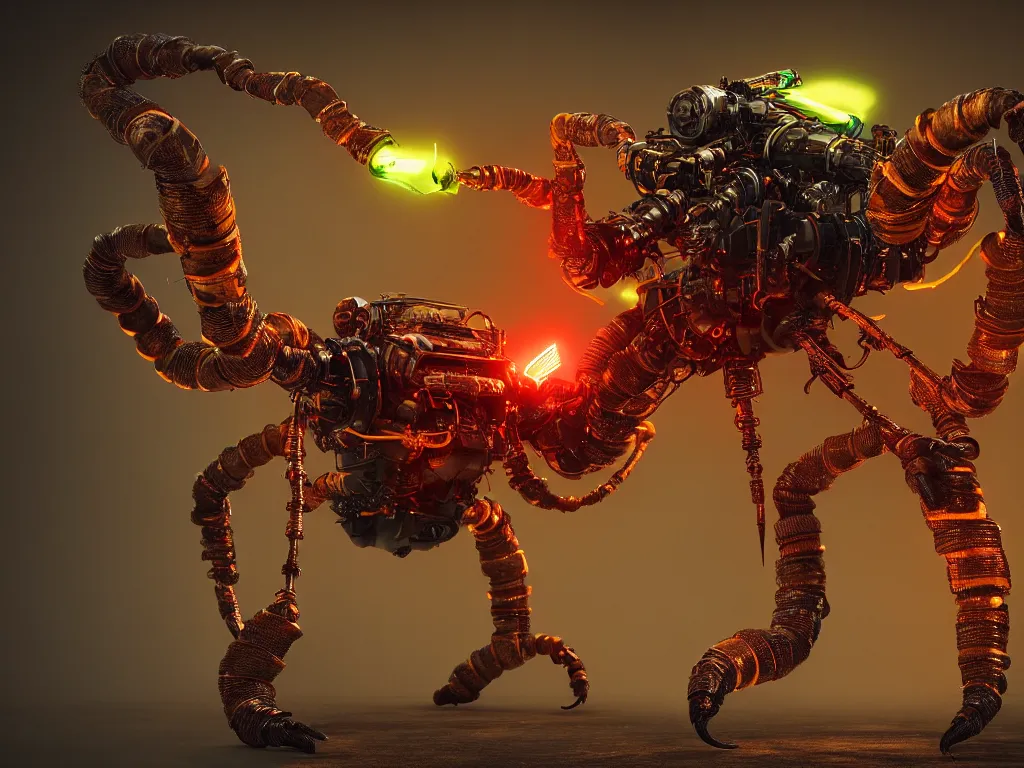 Image similar to A frightening gigantic evil robot scorpion devouring books with pipes and tubes and wires, hyperealistic very colourful hdr cinematic lighting cgi render photorealistic cinematic octane render