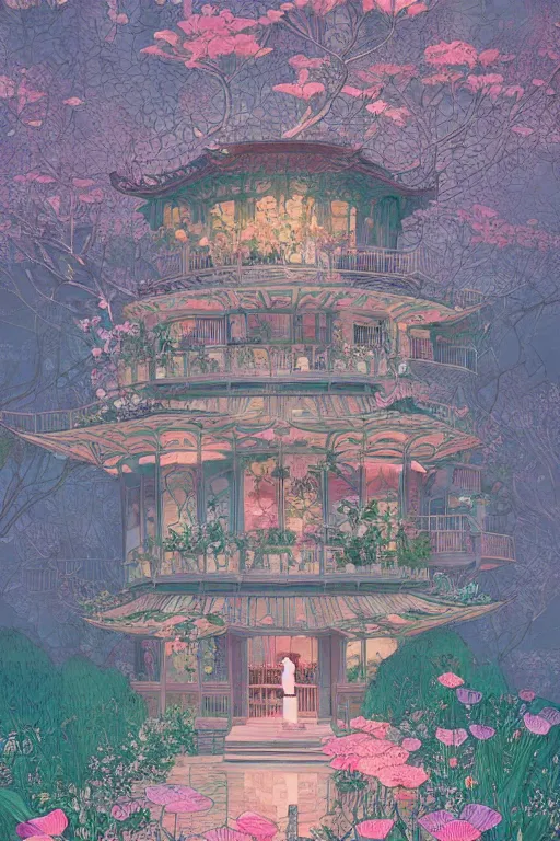 Prompt: a beautiful hyperdetailed matte illustration victo ngai style of absolutely beautiful blooming flower house, from china, perfectly shaded, atmospheric lighting, style of studio ghibli, makoto shinkai, raphael lacoste, louis comfort tiffany, artgerm, james jean, ross tran, chinese style