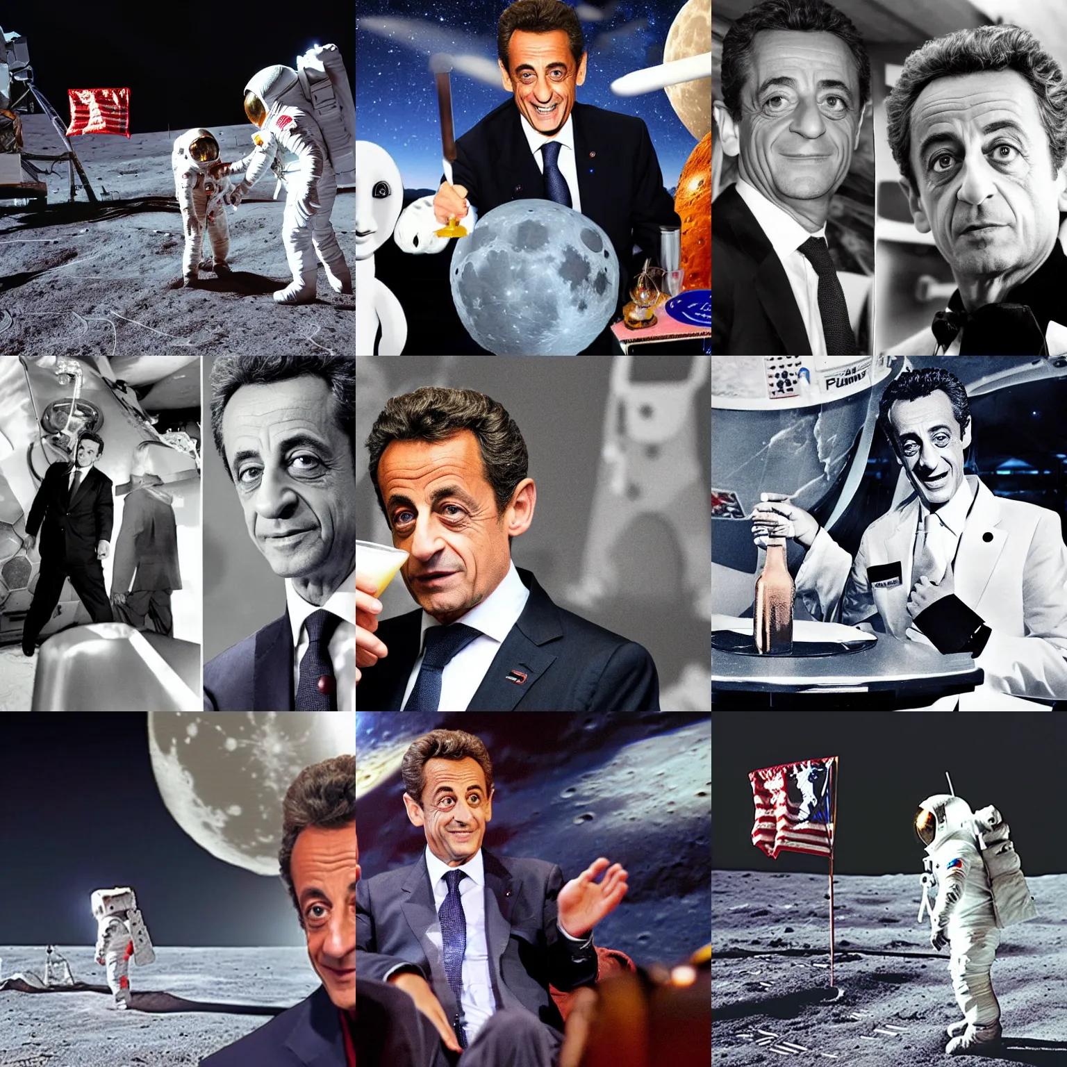 Prompt: nicolas sarkozy on the moon with a cocktail