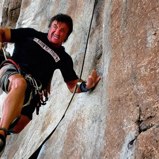 Image similar to sylvester stallone climbing a difficult rock climbing mountain