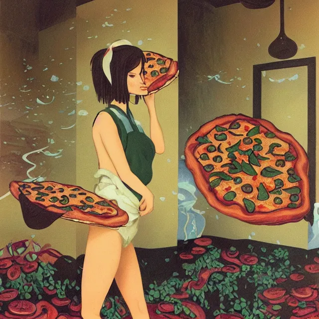 Image similar to tall female catgirl artist holding pizza in her flooded apartment, pomegranates, octopus, water gushing from ceiling, painting of flood waters inside an artist's apartment, a river flooding indoors, mushrooms, ikebana, zen, rapids, waterfall, black swans, canoe, berries, acrylic on canvas, surrealist, by magritte and monet