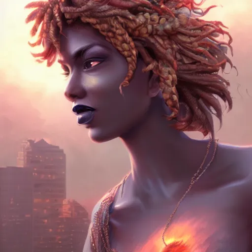 Prompt: a colossal goddess from above, creative, brown skin, giant, digital art, in the city, in town, highly detailed, photo manipulation, up there, fire hair, digital painting, smoke, artstation