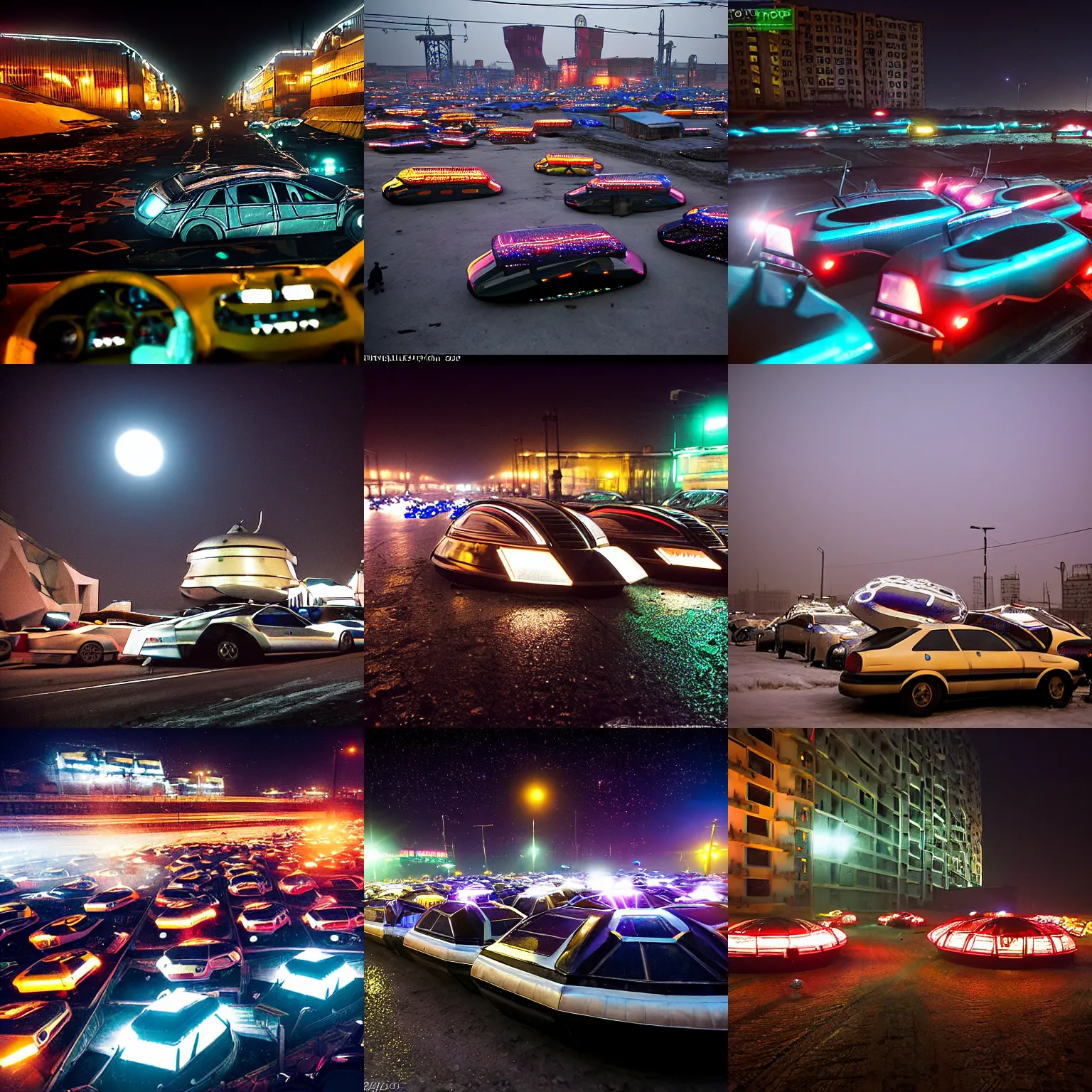 Prompt: lots of cheap shiny hovercraft in a traffic jam in a Russian cyberpunk slum city called Neo Norilsk on the Moon, at night, diverse, lively, black sky full of stars, blinding sun, sci-fi, lots of flying cars, levitation, cyberpunk outfits, photorealistic, grainy, 35mm, intricate, very very beautiful, elegant, smooth, cinematic, Unreal Engine 5, by Beeple, trending on Artstation HD