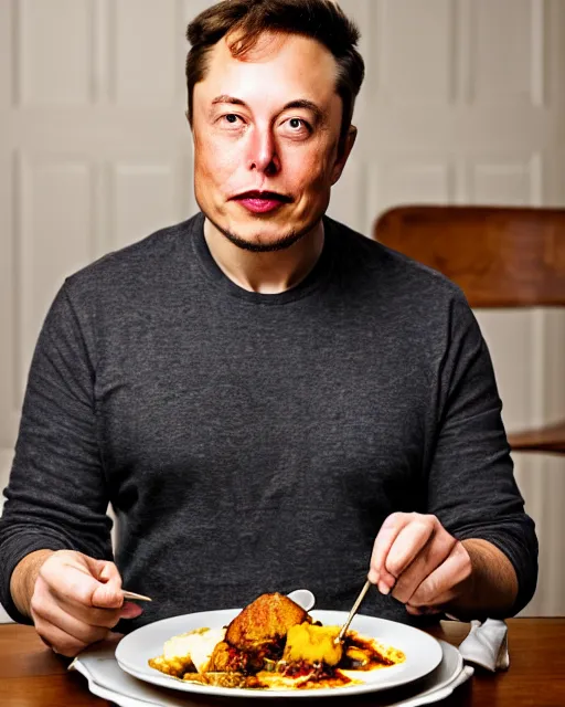 Image similar to a portrait of elon musk sitting at the dining table with a plate containing idli and sambar in front of him, highly detailed, trending on artstation, bokeh, 9 0 mm, f / 1. 4