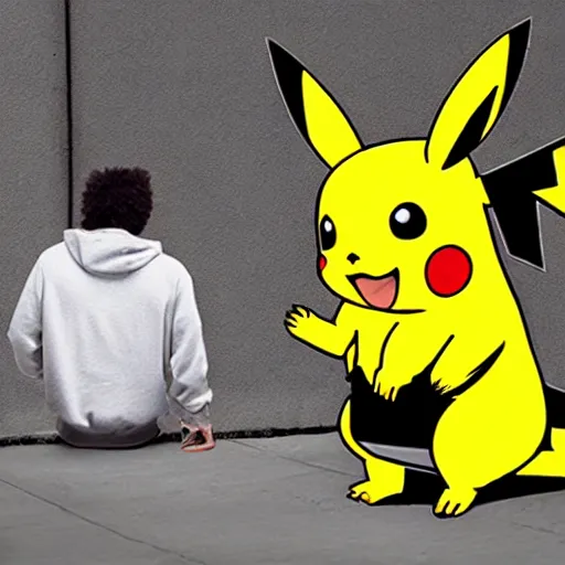 Image similar to A real life pikachu buying drugs from a random dude in a hoodie in an alley, photorealistic art