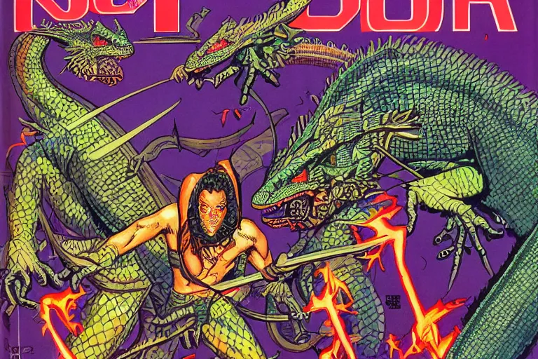 Image similar to 1979 Dragon magazine cover depicting a lizard man in neo-tokyo style by Larry Elmore. DND character art