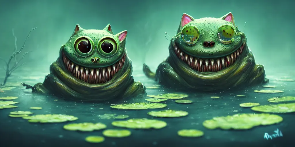 Prompt: of an intricate murky pond with strange cute friendly happy cats with huge eyes long tongue round teeth and funny face appearing from the water, in the style of craola, macro lens, shallow depth of field, highly detailed, digital painting, trending artstation, concept art, illustration, cinematic lighting, vibrant colors, photorealism, epic, octane render