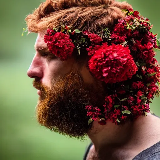 Prompt: “a man's face in profile, short beard, curly red hair, made of flowers, in the style of the Dutch masters, dark and moody XF IQ4, f/1.4, ISO 200, 1/160s, 8K, RAW, unedited, symmetrical balance, in-frame”