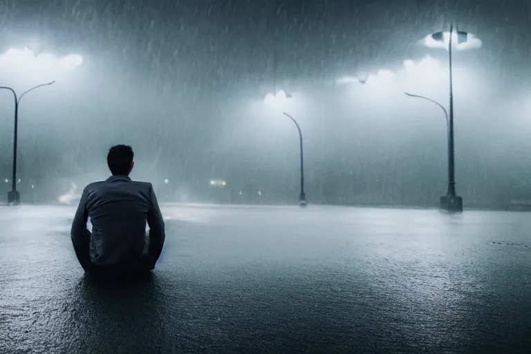Prompt: Photo of a man sitting on the grey color car roof in the heavy rain at the city that sank , outdoor lighting, dynamic lighting, volumetric, wide angle, anamorphic lens, go pro, 4k
