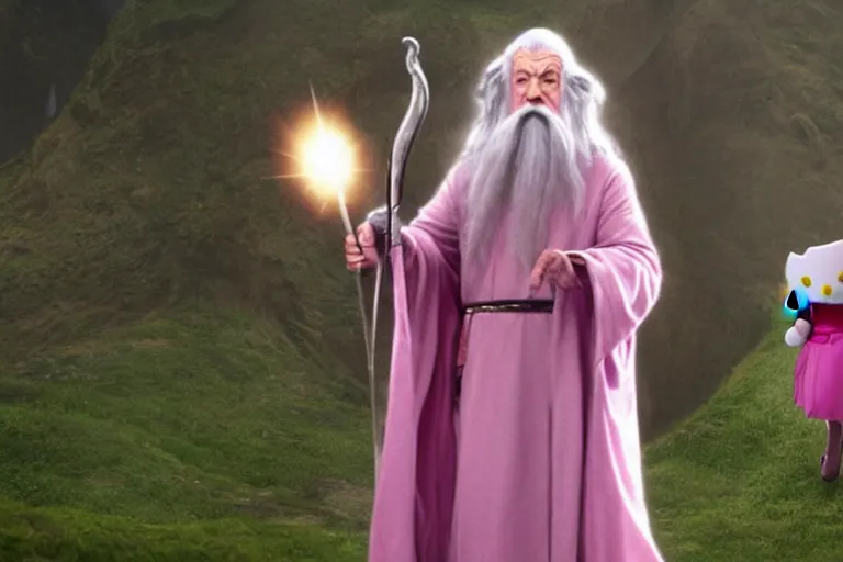 Image similar to Gandalf wearing pink Hello kitty costume, meeting regular Gandalf, dramatic lighting, movie still from Lord of the Rings, cinematic