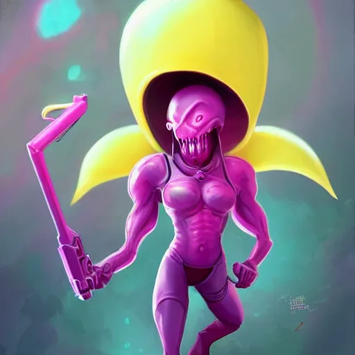 Image similar to pink alien with yellow eyes fortnite character, deviantart artstation, by jason felix by steve argyle by tyler jacobson by peter mohrbacher, cinema c 9. 0