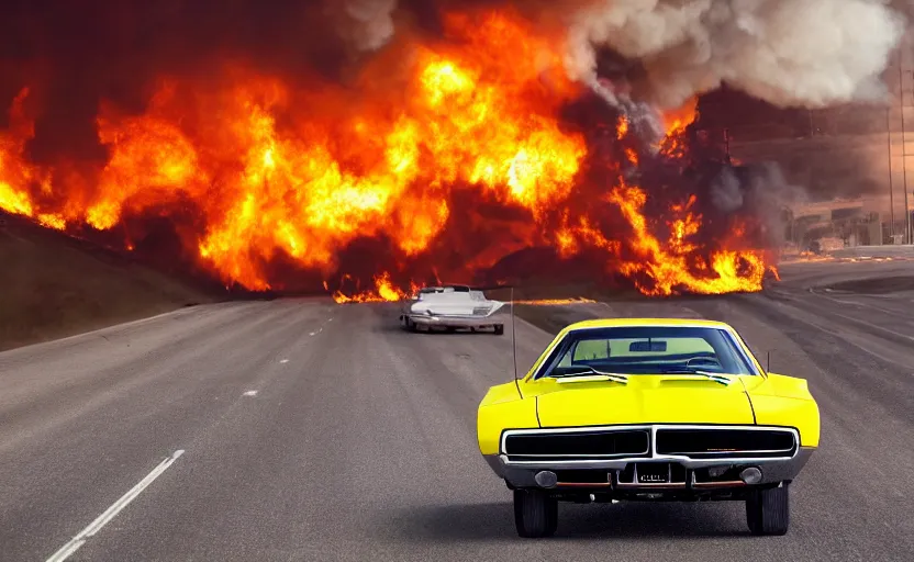 Prompt: a yellow 1 9 6 9 dodge charger daytona driving on a freeway. fire explosion in the background, action scen. realistic. high resolution. dramatic